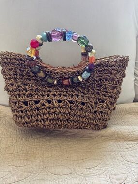 Cappelli Straworld Brown Straw Tote with Multicolored Beaded Handles. Zip